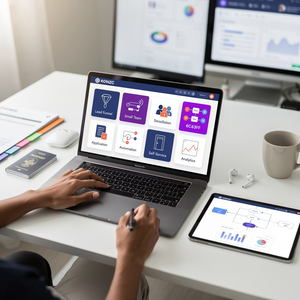 KONZE KONDESK CRM interface showing lead management and application tracking features for education and immigration consultants