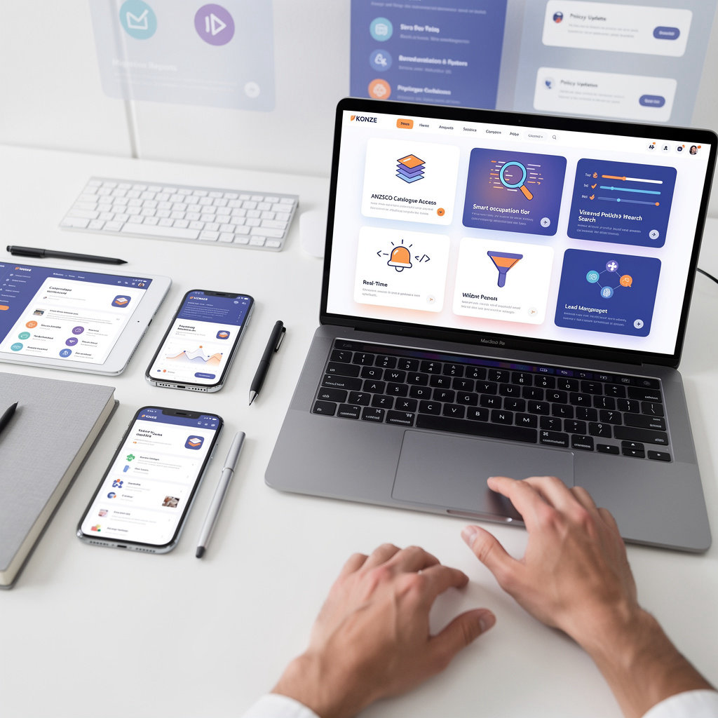 KONZE SearchMyANZSCO features dashboard - occupation search, visa calculator, real-time policy updates for Australian migration agents